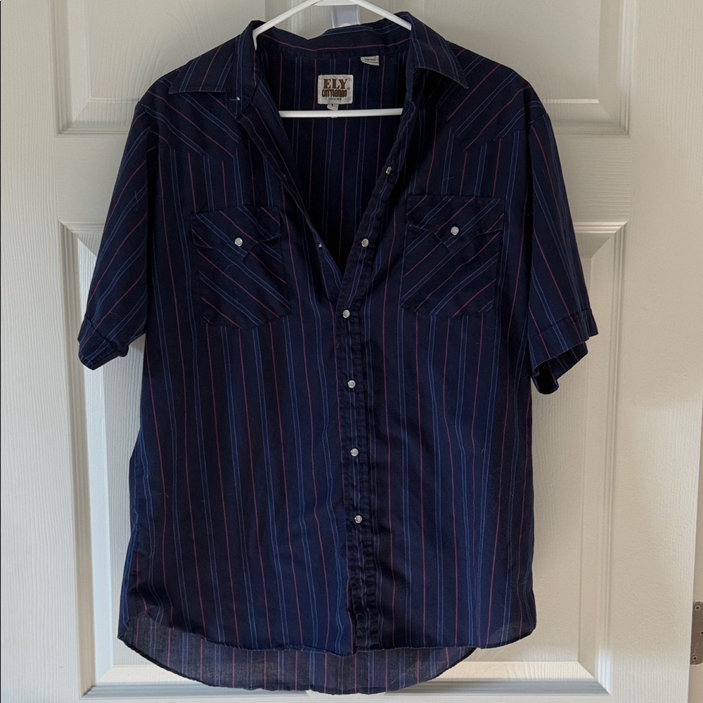Men's Blue and Red Striped Pearl Snap Shirt